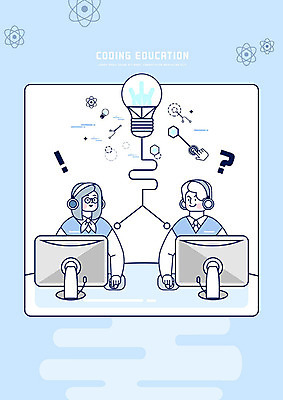 PSD 학생 여자 교육 남자 일러스트 전구 청소년 아이디어 사람 상반신 두명 10대 컴퓨터 모니터 헤드셋 물음표 마우스 느낌표 스마트 청소년교육 컴퓨터교육 십대만 방과후 4차산업 코딩 국내일러스트 기호 산업 음향기기 컨셉 전자제품 컴퓨터용품 헤드폰 파일형식