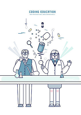 전신 PSD 학생 여자 교육 남자 교복 일러스트 청소년 돋보기 실험기구 실험 사람 두명 10대 컴퓨터 알약 스마트 청소년교육 책상 컴퓨터교육 십대만 방과후 4차산업 코딩 국내일러스트 옷 산업 과학 가구 컨셉 전자제품 약 파일형식