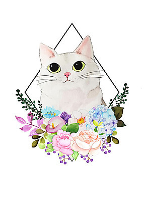 PSD 식물 한마리 꽃 잎 일러스트 붓터치 나뭇잎 수채화 밝음 사람없음 반려동물 귀여움 고양이 화려 감성 반려묘 국내일러스트 동물 1 컨셉 포유류 파일형식