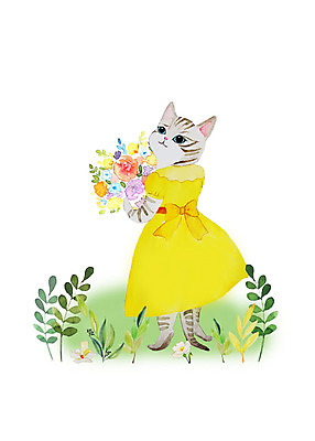 PSD 캐릭터 한마리 원피스 꽃 꽃다발 일러스트 붓터치 나뭇잎 수채화 의인화 밝음 들기 사람없음 반려동물 귀여움 고양이 풀잎 화려 들풀 감성 반려묘 국내일러스트 일러캐릭터 식물 동물 1 옷 컨셉 잎 포유류 모션 풀_식물 파일형식