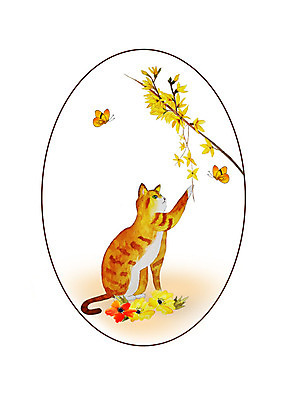 PSD 식물 한마리 꽃 나비 두마리 일러스트 붓터치 나뭇잎 수채화 밝음 사람없음 반려동물 귀여움 고양이 봄 화려 개나리 감성 반려묘 국내일러스트 동물 1 계절 곤충 컨셉 잎 2 포유류 파일형식