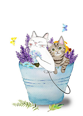 PSD 식물 꽃 나비 두마리 일러스트 붓터치 나뭇잎 수채화 밝음 사람없음 반려동물 귀여움 고양이 화려 양동이 감성 반려묘 국내일러스트 동물 곤충 컨셉 잎 2 포유류 파일형식