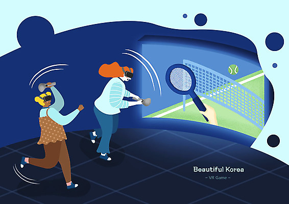 전신 PSD 서양인 외국인 여자 여행 흑인 일러스트 한국 사람 성인 두명 파란색 관광지 도전 테니스라켓 체험 테니스공 즐거움 국내여행 가상현실 욜로라이프 VR기기 국내일러스트 라이프스타일 감정 아시아 컬러 컨셉 공 인종 기계 테니스 라켓 테니스용품 파일형식