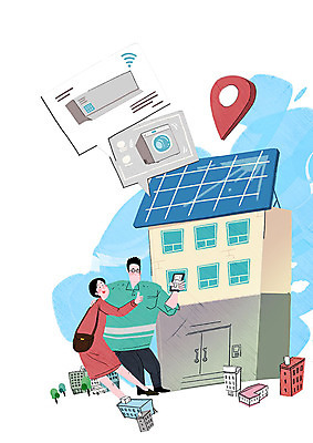 전신 PSD 무료이미지 부부 여자 남자 일러스트 주택 들기 사람 성인 두명 생활 파란색 기쁨 가전제품 에어컨 스마트 태양에너지 집열판 세탁기 네비게이션 자동화 조작 사물인터넷 성인만 스마트홈 4차산업 국내일러스트 커플 감정 산업 컬러 컨셉 모션 정보기술 건물 그린에너지 파일형식 AI_인공지능