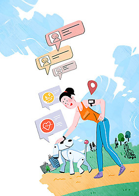 전신 PSD 공원 여자 반려견 인터넷 일러스트 한명 사람 성인 생활 초록색 파란색 조깅 운동 헬스 기쁨 스마트 로봇 반려 사물인터넷 성인여자한명만 4차산업 로봇강아지 국내일러스트 1 공공시설 감정 산업 컬러 컨셉 건강 정보기술 반려동물 개 여자한명만 성인여자만 파일형식