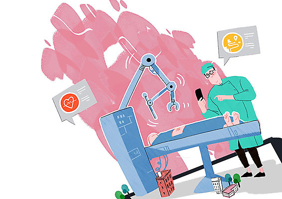 전신 PSD 남자 분홍색 인터넷 일러스트 의학 병원 안전 사람 성인 두명 생활 스마트폰 기쁨 환자 의사 수술 스마트 수술복 수술실 로봇팔 병원침대 자동화 제어 조작 사물인터넷 4차산업 의료로봇 국내일러스트 감정 산업 컬러 컨셉 정보기술 치료 핸드폰 스마트기기 의료진 침대 가운 로봇 파일형식