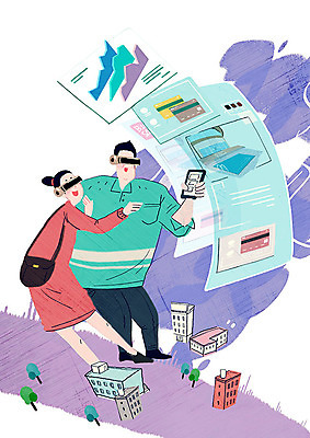 전신 PSD 공원 여자 남자 인터넷 일러스트 부동산 그래프 주택 사람 빌딩 성인 두명 건물 생활 스마트폰 쇼핑 보라색 기쁨 핸드백 신용카드 스마트 즐거움 홀로그램 사물인터넷 가상현실 4차산업 국내일러스트 건축물 공공시설 감정 산업 컬러 컨셉 가방 정보기술 금융 핸드폰 스마트기기 재산 파일형식