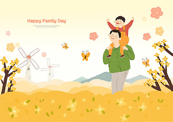 전신 PSD 남자 행복 아들 어린이 꽃밭 일러스트 가족 사랑 사람 상반신 성인 두명 노란색 화목 봄 산책 풍차 목말 아빠 개나리 즐거움 가정의달 부자지간 국내일러스트 계절 꽃 감정 컬러 컨셉 관계 모션 휴식 5월 파일형식