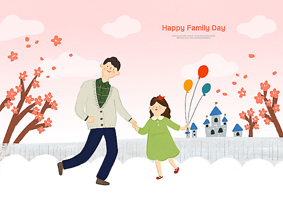 전신 PSD 여자 남자 딸 어린이 분홍색 일러스트 꽃나무 사람 성인 두명 손잡기 화목 봄 놀이공원 성 아빠 가정의달 풍선 부녀 국내일러스트 나무 건축물 계절 꽃 컬러 컨셉 가족 모션 테마파크 5월 파일형식