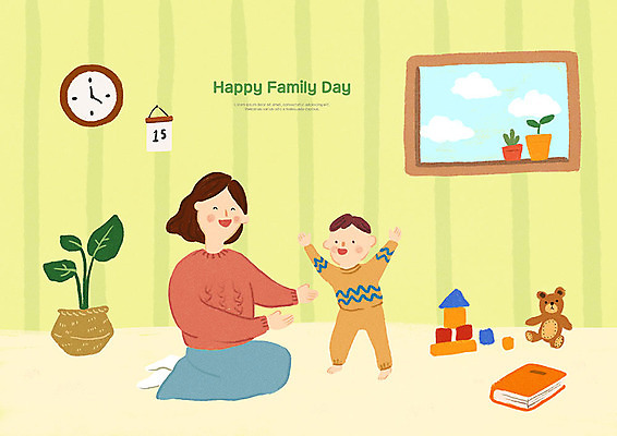 전신 PSD 여자 남자 화분 아들 시계 일러스트 가족 엄마 사랑 사람 성인 두명 책 화목 봄 곰인형 기쁨 성장 아기 가정의달 걸음마 아들바보 국내일러스트 모자관계 계절 감정 인형 컨셉 관계 모션 5월 파일형식