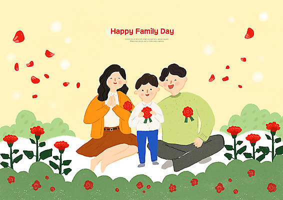 전신 PSD 여자 남자 꽃잎 어린이 꽃밭 일러스트 가족 사랑 사람 성인 세명 부모 화목 자녀 어버이날 5월 카네이션 감사 5월행사 가정의달 흩날리기 국내일러스트 기념일 꽃 감정 컨셉 관계 모션 이벤트 날짜 파일형식