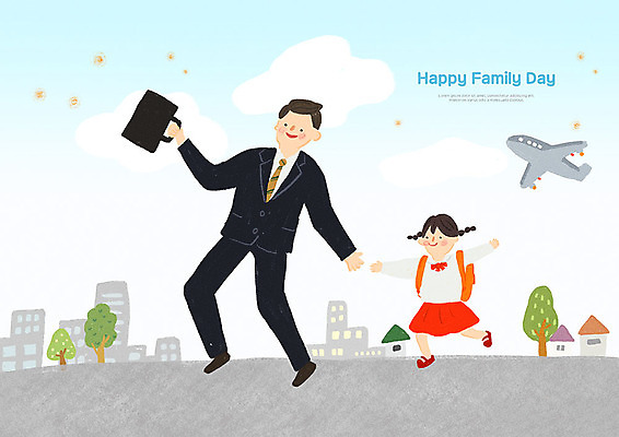 전신 PSD 여자 남자 딸 도로 어린이 서류가방 일러스트 가족 하늘 비행기 주택 책가방 사람 정장 성인 두명 마을 손잡기 화목 직장인 아빠 출근 등교 가정의달 부녀 국내일러스트 직업 옷 길 컨셉 가방 관계 항공교통 교통시설 모션 대중교통 건물 5월 출퇴근 등하교 파일형식