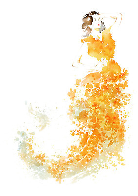 전신 PSD 드레스 옷 여자 꽃 허리손 포즈 일러스트 캘리그라피 붓터치 한명 사람 성인 뷰티 노란색 번짐 성인여자한명만 국내일러스트 식물 1 컬러 여자한명만 성인여자만 파일형식 효과