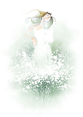 PSD 긴머리 드레스 옷 여자 꽃 꽃다발 포즈 일러스트 캘리그라피 붓터치 한명 사람 상반신 성인 뷰티 흰색 번짐 성인여자한명만 흩날리기 국내일러스트 식물 1 헤어스타일 컬러 모션 여자한명만 성인여자만 파일형식 효과