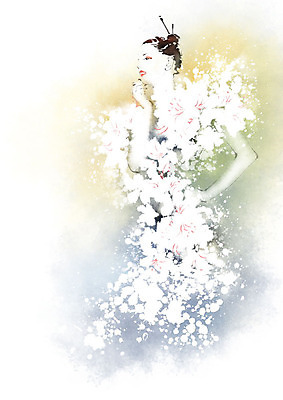 PSD 응시 드레스 옷 여자 꽃 허리손 포즈 일러스트 캘리그라피 붓터치 한명 사람 상반신 성인 뷰티 번짐 성인여자한명만 국내일러스트 식물 1 시선 여자한명만 성인여자만 파일형식 효과