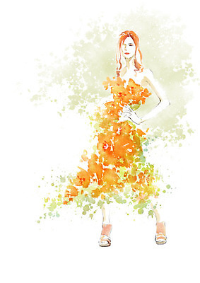 전신 PSD 모델 드레스 옷 여자 꽃 허리손 포즈 일러스트 캘리그라피 붓터치 한명 사람 성인 초록색 뷰티 노란색 번짐 성인여자한명만 국내일러스트 식물 1 컬러 여자한명만 성인여자만 파일형식 효과