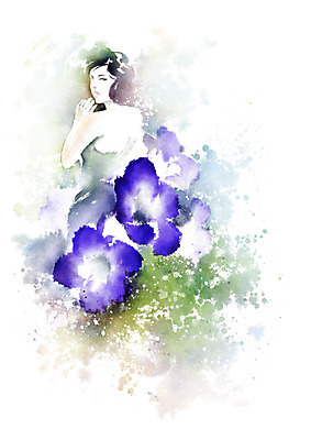 PSD 드레스 옷 여자 꽃 포즈 일러스트 캘리그라피 붓터치 한명 사람 상반신 성인 초록색 파란색 뷰티 뒤돌아보기 번짐 성인여자한명만 국내일러스트 식물 1 컬러 모션 여자한명만 성인여자만 파일형식 효과