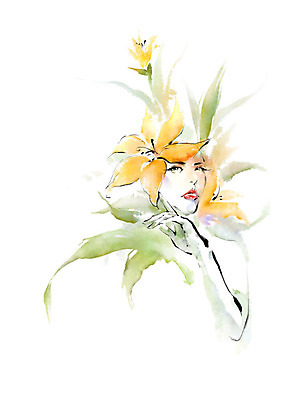 PSD 손 응시 여자 꽃 얼굴 일러스트 캘리그라피 붓터치 한명 사람 상반신 성인 신체부위 초록색 뷰티 노란색 턱괴기 번짐 성인여자한명만 국내일러스트 식물 1 시선 컬러 모션 여자한명만 성인여자만 파일형식 효과