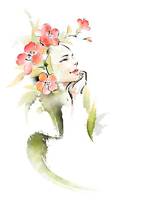 PSD 손 응시 여자 꽃 얼굴 일러스트 캘리그라피 붓터치 한명 미소 사람 상반신 성인 신체부위 빨간색 초록색 컬러풀 뷰티 턱괴기 번짐 성인여자한명만 국내일러스트 식물 1 시선 컬러 모션 표정 여자한명만 성인여자만 파일형식 효과