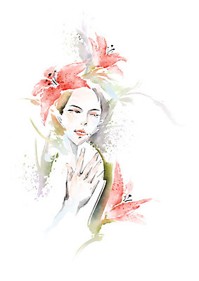 PSD 손 여자 꽃 얼굴 일러스트 캘리그라피 붓터치 한명 사람 상반신 성인 신체부위 빨간색 초록색 뷰티 번짐 성인여자한명만 국내일러스트 식물 1 컬러 여자한명만 성인여자만 파일형식 효과