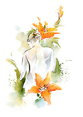 PSD 여자 꽃 포즈 일러스트 캘리그라피 붓터치 한명 사람 상반신 성인 신체부위 초록색 뷰티 주황색 등 누드 번짐 성인여자한명만 국내일러스트 식물 1 컬러 여자한명만 성인여자만 파일형식 효과