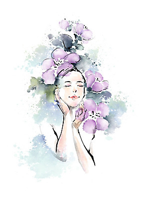 PSD 무료이미지 손 여자 꽃 얼굴 일러스트 캘리그라피 붓터치 한명 사람 상반신 성인 신체부위 뷰티 눈감음 번짐 성인여자한명만 국내일러스트 식물 1 모션 여자한명만 성인여자만 파일형식 효과