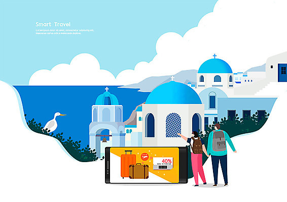 전신 PSD 한마리 커플 여자 남자 행복 여행 일러스트 배낭 조류 사람 성인 두명 파란색 스마트폰 쇼핑 캐리어 여행가방 손잡기 가리킴 스마트 그리스 즐거움 쿠폰 유럽여행 산토리니 산토리니섬 할인쿠폰 할인혜택 국내일러스트 동물 1 감정 유럽 컬러 섬 해외여행 컨셉 가방 관계 모션 손짓 핸드폰 스마트기기 세일 파일형식 혜택