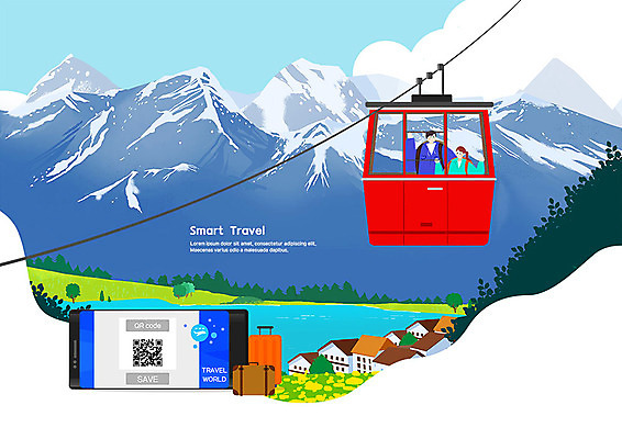 PSD 커플 여자 남자 행복 호수 여행 일러스트 산 주택 사람 풍경 상반신 성인 두명 스마트폰 강 스마트 스위스 즐거움 유럽여행 케이블카 QR코드 국내일러스트 감정 유럽 해외여행 컨셉 관계 건물 핸드폰 스마트기기 파일형식