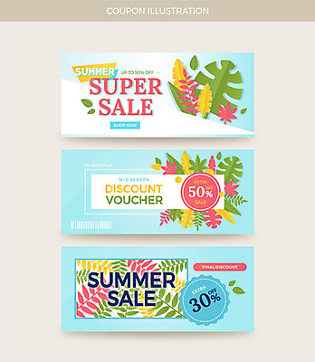 배너 가로배너 일러스트 사람없음 여름 세트 컬러풀 야자수 세일 상품권 쿠폰 바코드 야자수잎 국내일러스트 AI파일 나무 계절 컬러 잎 가로 파일형식 벡터