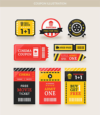 일러스트 프레임 사람없음 세트 컬러풀 라벨 티켓 영화 쿠폰 바코드 팝콘 무료 영화티켓 원플러스원 덤 국내일러스트 AI파일 컬러 문화예술 이벤트 파일형식 벡터