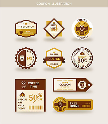 커피 일러스트 프레임 사람없음 세트 갈색 라벨 세일 카페 원두 쿠폰 바코드 원플러스원 할인쿠폰 덤 국내일러스트 AI파일 음료 컬러 이벤트 상점 파일형식 벡터