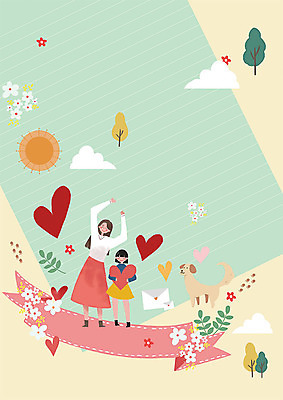 전신 PSD 나무 구름 한마리 여자 꽃 딸 리본 어린이 잎 일러스트 가족 모녀 엄마 따뜻함 들기 사람 성인 두명 태양 화목 하트 강아지 5월 편지 편지지 5월행사 가정의달 손하트 국내일러스트 자연요소 모양 식물 1 컨셉 관계 모션 손짓 이벤트 반려동물 날짜 개 파일형식