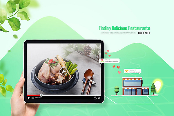 PSD 편집이미지 손 지도 나뭇잎 여름음식 신체부위 초록색 스마트폰 태블릿 유행 상점 보양식 삼계탕 약도 네비게이션 동영상 맛집 소셜네트워크 인플루언서 제철음식 이미지편집 음식 컬러 잎 사람 전자제품 핸드폰 스마트기기 몸보신 제철 파일형식 유명인 여름_계절