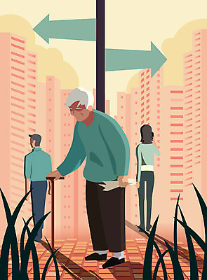 전신 여자 할아버지 노년 남자 일러스트 지팡이 거리 아파트 서기 사람 빌딩 성인 치료 세명 표지판 질병 장애 건망증 치매 얼굴없음 국내일러스트 AI파일 의학 모션 주택 알림판 건물 파일형식 벡터