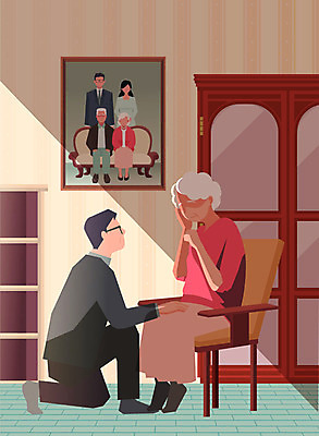 전신 여자 노년 남자 아들 할머니 중년 액자 의자 일러스트 가족 엄마 책장 사람 앉기 두명 치료 질병 가족사진 장식장 장애 건망증 기억력 상실 치매 얼굴없음 국내일러스트 AI파일 모자관계 가구 의학 관계 모션 성인 파일형식 벡터 단체사진