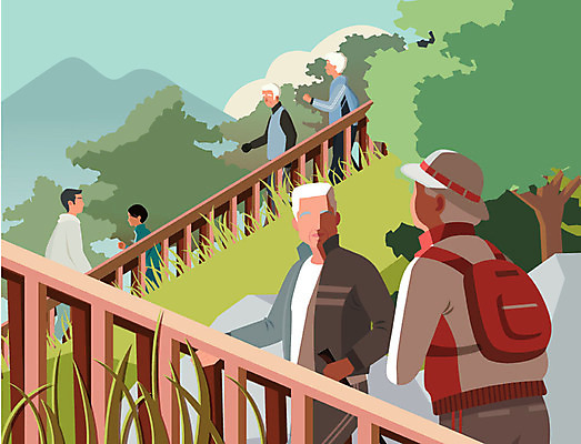 나무 여자 노년 남자 일러스트 배낭 자연 산 사람 여러명 상반신 성인 치료 운동 계단 등산 질병 장애 치매 얼굴없음 국내일러스트 AI파일 식물 다수 가방 의학 건강 트래킹 생태계 파일형식 벡터