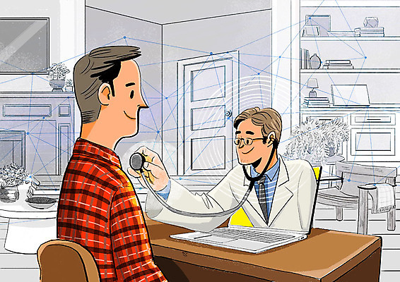 PSD 남자 일러스트 의학 청진기 주택 기술 사람 상반신 성인 두명 노트북 진료 방 환자 의사 발전 스마트 책상 편리함 폴리곤 화상통화 4차산업 5G 국내일러스트 산업 가구 컨셉 의료기기 IT 건물 전자제품 의료진 통화 파일형식