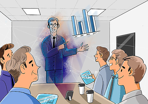 PSD 남자 커피 일러스트 회사 회의 그래프 기술 사람 여러명 상반신 성인 사무실 회색 직장인 발전 스마트 프레젠테이션 회의실 폴리곤 홀로그램 4차산업 5G 국내일러스트 직업 산업 음료 컬러 다수 컨셉 비즈니스 IT 파일형식