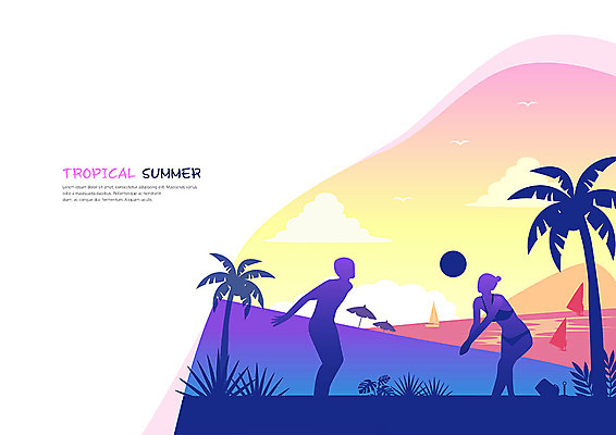 전신 구름 여자 남자 실루엣 바다 요트 일러스트 갈매기 휴가 산 세마리 사람 성인 해변 두명 여름 여름휴가 바캉스 비키니 컬러풀 야자수 태양 일몰 파라솔 비치볼 열대식물 즐거움 휴양지 트로피컬아트 국내일러스트 AI파일 자연요소 나무 식물 계절 수영복 감정 컬러 배_교통 공 조류 바캉스용품 촬영기법 3 노을 장소 그림 파일형식 벡터 여름_계절