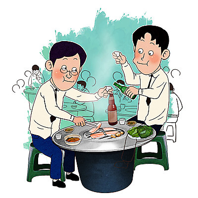 전신 PSD 남자 행복 음식 채소 일러스트 김치 맥주 사람 여러명 상반신 성인 초록색 식당 기쁨 직장인 퇴근 삼겹살 소주 맛집 삼겹살집 회식 맛있는 고깃집 국내일러스트 직업 감정 한식 컬러 다수 주류 돼지고기 상점 식사 출퇴근 파일형식