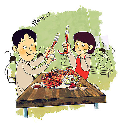 PSD 커플 여자 남자 행복 음식 데이트 일러스트 사람 여러명 상반신 성인 초록색 식당 식사 봄 기쁨 맛집 대게 게다리 맛있는 국내일러스트 계절 감정 컬러 다수 관계 상점 게 파일형식