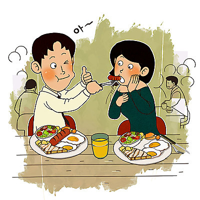 PSD 커플 여자 남자 행복 음식 포크 데이트 일러스트 밥 사람 여러명 상반신 성인 초록색 노란색 식당 레스토랑 식사 봄 기쁨 소시지 오렌지주스 먹여주기 브런치 맛집 맛있는 국내일러스트 식기 계절 감정 컬러 다수 관계 상점 가공식품 과일주스 먹기 파일형식