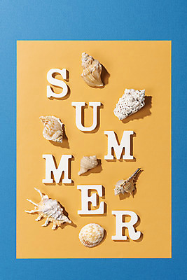 포토 JPG 스튜디오촬영 문자 알파벳 영어 계절 종이 바다 조개 실내 타이포그라피 사람없음 여름 파란색 단어 여름휴가 바캉스 하이앵글 컬러풀 소라 오브젝트 국내포토 뷰포인트 컬러 휴가 어패류 내부 파일형식 여름_계절