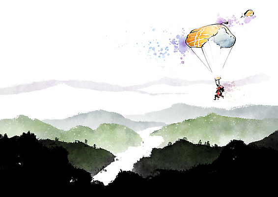 전신 PSD 남자 호수 일러스트 캘리그라피 레저 붓터치 산 흑백 사람 풍경 성인 두명 초록색 강 노란색 산등성이 번짐 패러글라이딩 강줄기 국내일러스트 스포츠 컬러 촬영기법 파일형식 효과