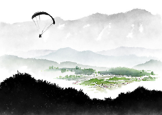 전신 PSD 남자 일러스트 캘리그라피 레저 붓터치 산 흑백 한명 사람 풍경 성인 초록색 마을 농촌 번짐 패러글라이딩 국내일러스트 1 스포츠 컬러 촬영기법 시골 파일형식 효과