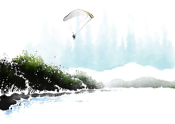 전신 PSD 남자 호수 일러스트 캘리그라피 하늘 레저 붓터치 산 흑백 한명 사람 풍경 성인 초록색 물 파란색 강 비행 숲 번짐 패러글라이딩 국내일러스트 자연요소 1 스포츠 컬러 촬영기법 파일형식 효과