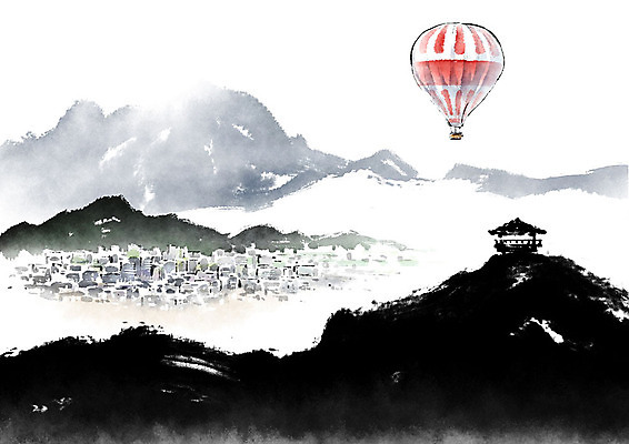 PSD 일러스트 캘리그라피 레저 붓터치 산 흑백 풍경 빌딩 사람없음 건물 빨간색 레포츠 열기구 도시 도심 정자 번짐 국내일러스트 건축물 컬러 항공교통 촬영기법 파일형식 효과