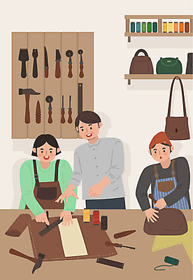 여자 남자 중년 일러스트 선반 사람 상반신 성인 취미 세명 갈색 도구 작업실 망치 가죽 강의 공예 만들기 실타래 재단 가죽가방 가죽공예 클래스 워라밸 국내일러스트 AI파일 컬러 가구 가방 모션 공구 신조어 파일형식 벡터