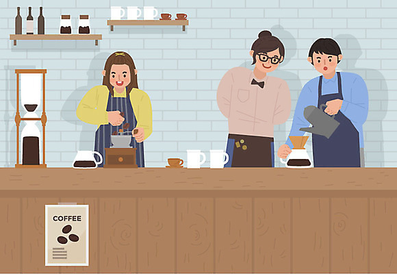 여자 남자 커피 일러스트 사람 상반신 성인 취미 세명 갈색 카페 원두 강의 커피메이커 바리스타 그라인더 드립커피 클래스 핸드드립 워라밸 국내일러스트 AI파일 직업 음료 컬러 상점 신조어 커피용품 파일형식 벡터