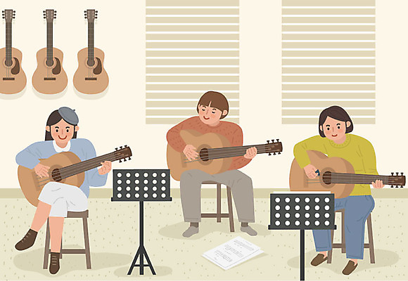 전신 여자 남자 악기 음악 연주 일러스트 사람 앉기 성인 취미 세명 기타 밴드 보면대 강의 연습 악보 연습실 클래스 워라밸 국내일러스트 AI파일 모션 현악기 문화예술 신조어 파일형식 벡터